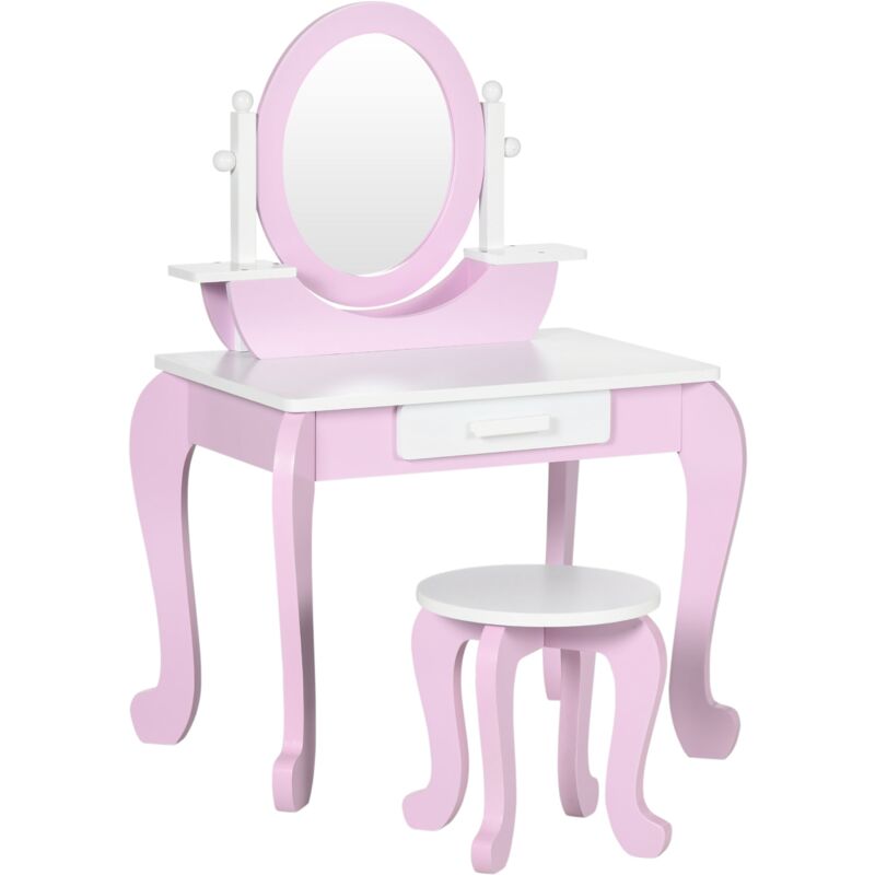 foto del prodotto specchiera giocattolo per bambine tavolo trucco con specchio e sgabello rosa