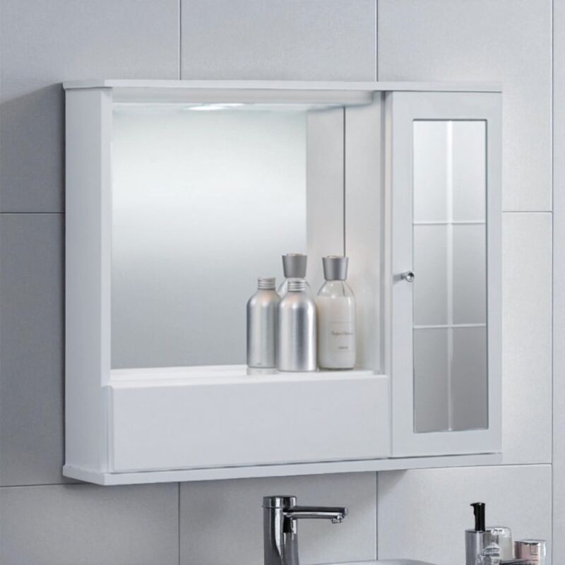 foto del prodotto specchiera mobile contenitore da bagno giove 70 bianco lucido a 1 anta con specchio e luce led