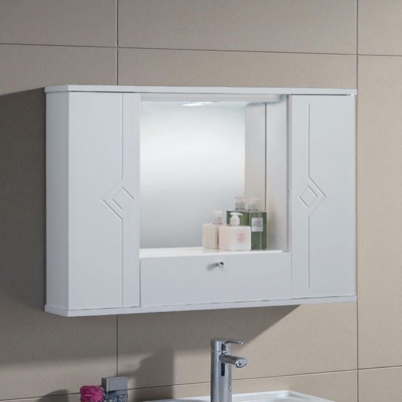 foto del prodotto specchiera mobile contenitore da bagno mercurio 80 bianco lucido a 2 ante e luce led