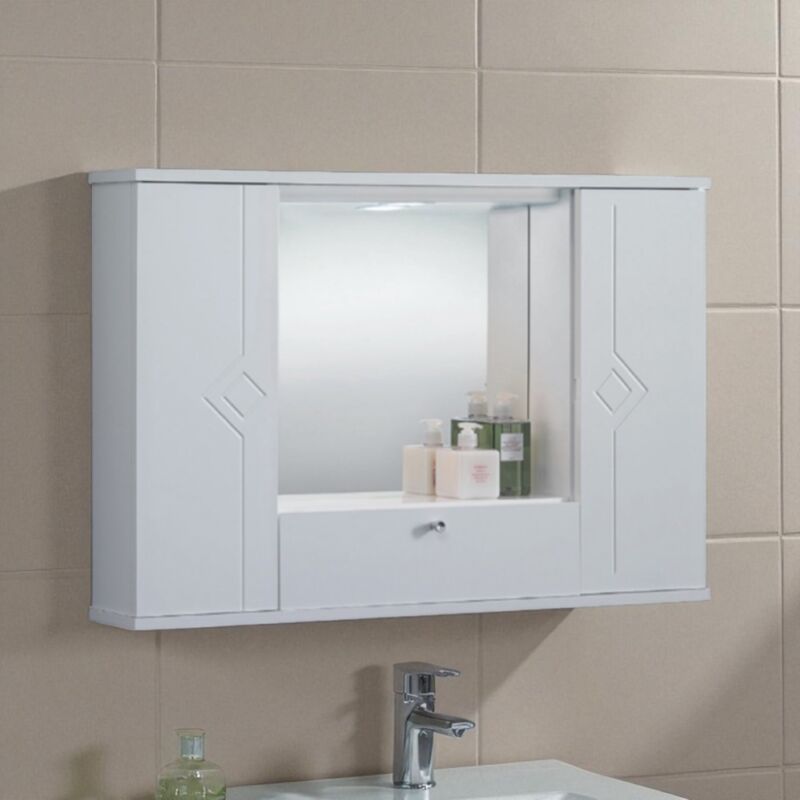 foto del prodotto specchiera mobile contenitore da bagno mercurio 90 bianco lucido a 2 ante e luce led