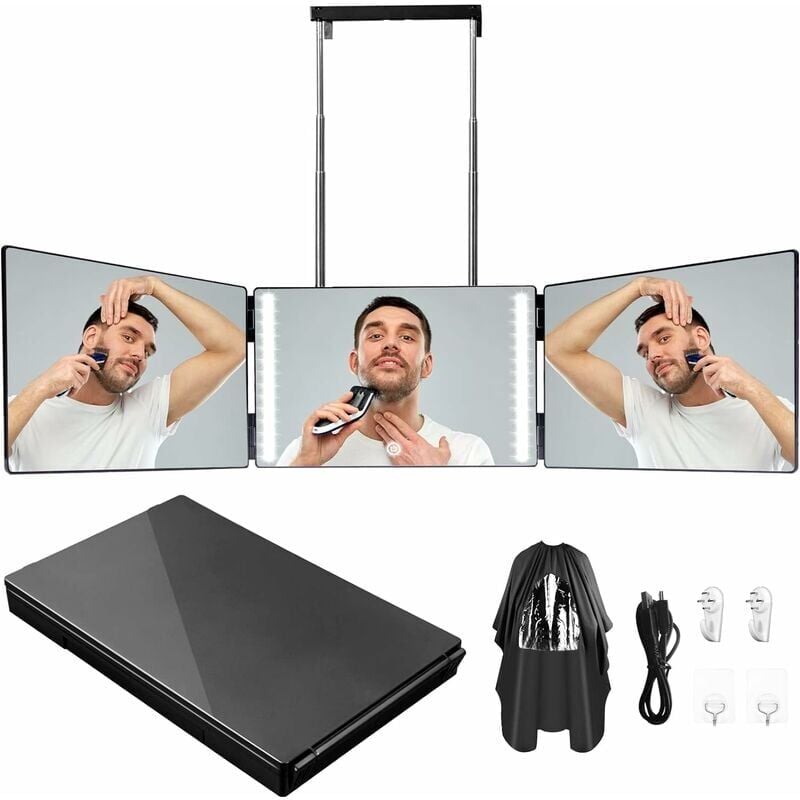 foto del prodotto specchio a 360 gradi con luce, specchio a 3 vie, specchio oscurante a tre colori, specchio da barba a led, specchio cosmetico, gancio telescopico