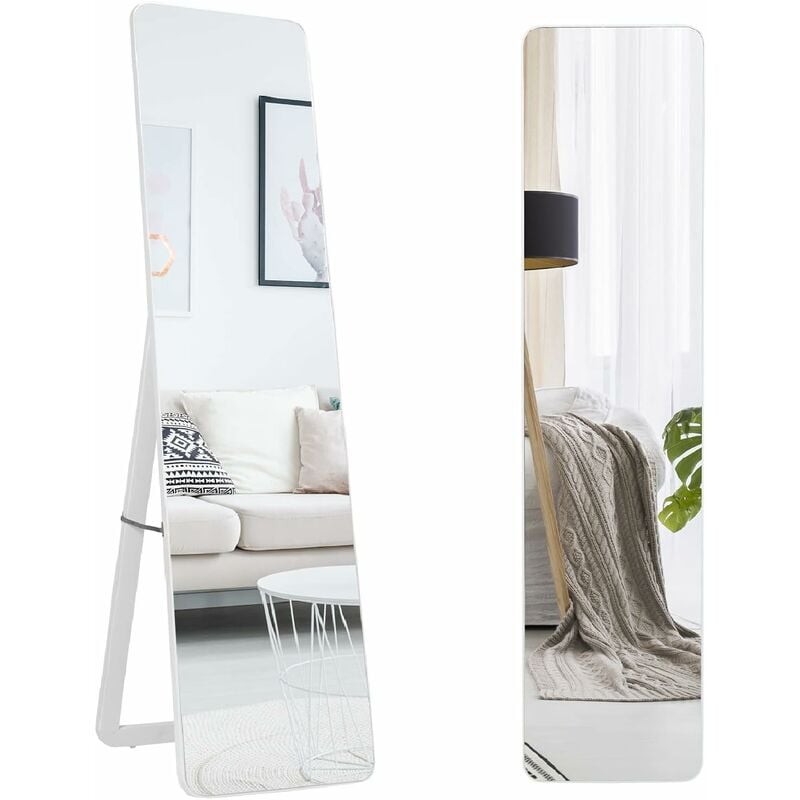 foto del prodotto specchio a figura intera 160 x 37 cm, specchio da parete e da pavimento, specchio da pavimento con bordi in legno massiccio in bianco semplice,
