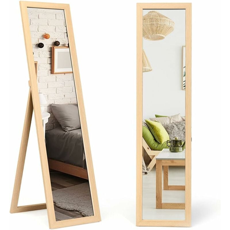 foto del prodotto specchio a figura intera 2 in 1, specchio da terra e da parete in legno con cornice rettangolare, specchio inclinato da pavimento, per camera da