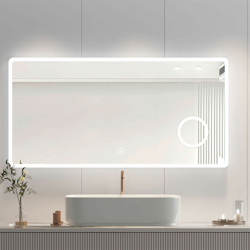 foto del prodotto specchio bagno 120x60cm interruttore touch con lente d ingrandimento 3x specchio da bagno luminoso con illuminazione bianca fredda 6500k heilmetz