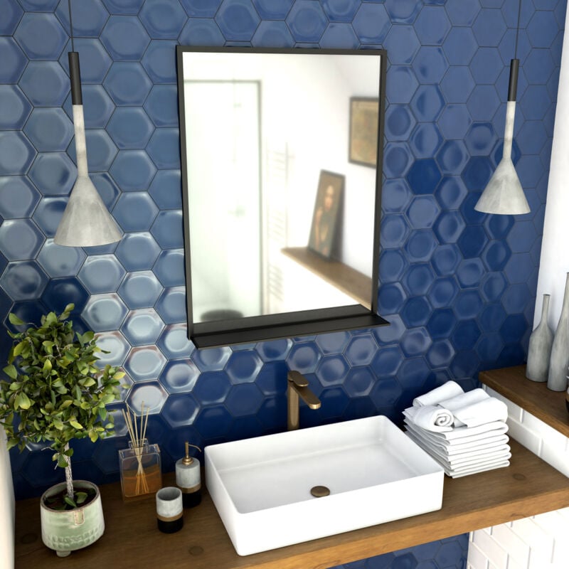 foto del prodotto specchio bagno 80x60 cm laccato nero opaco con mensole framed mirror