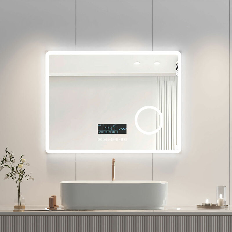 foto del prodotto specchio bagno 80x60cm interruttore touch con lente d ingrandimento 3x specchio da bagno luminoso con defogging bluetooth heilmetz
