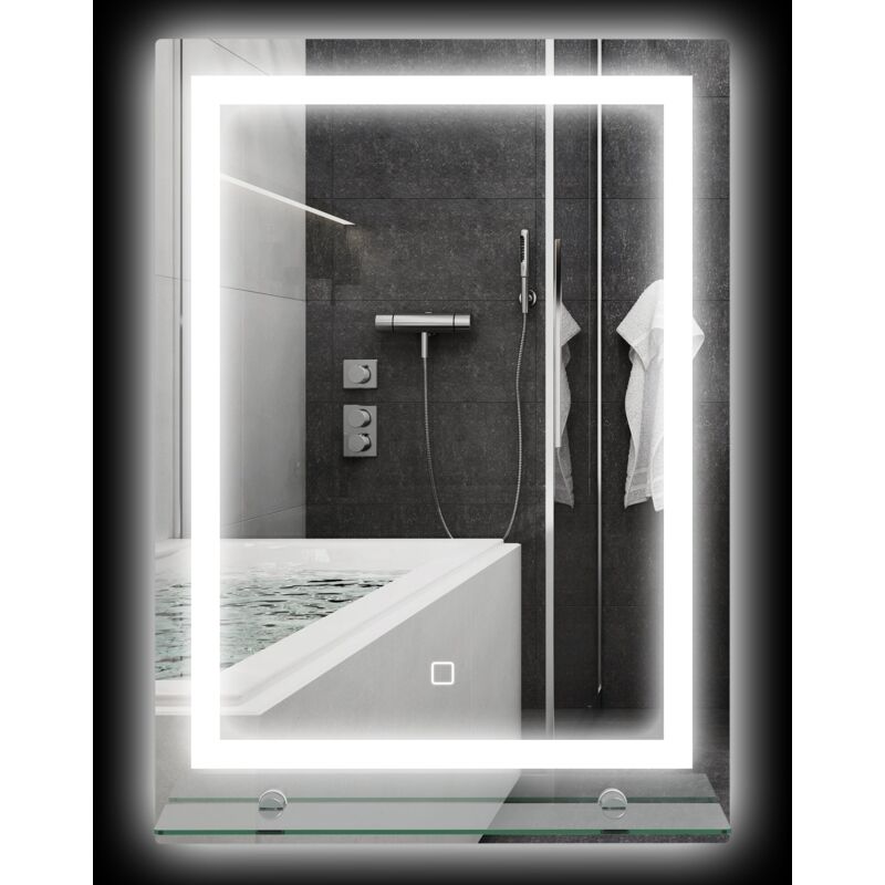 foto del prodotto specchio bagno a parete cornice luce led a 3 colori mensola in vetro 50x12x70 cm