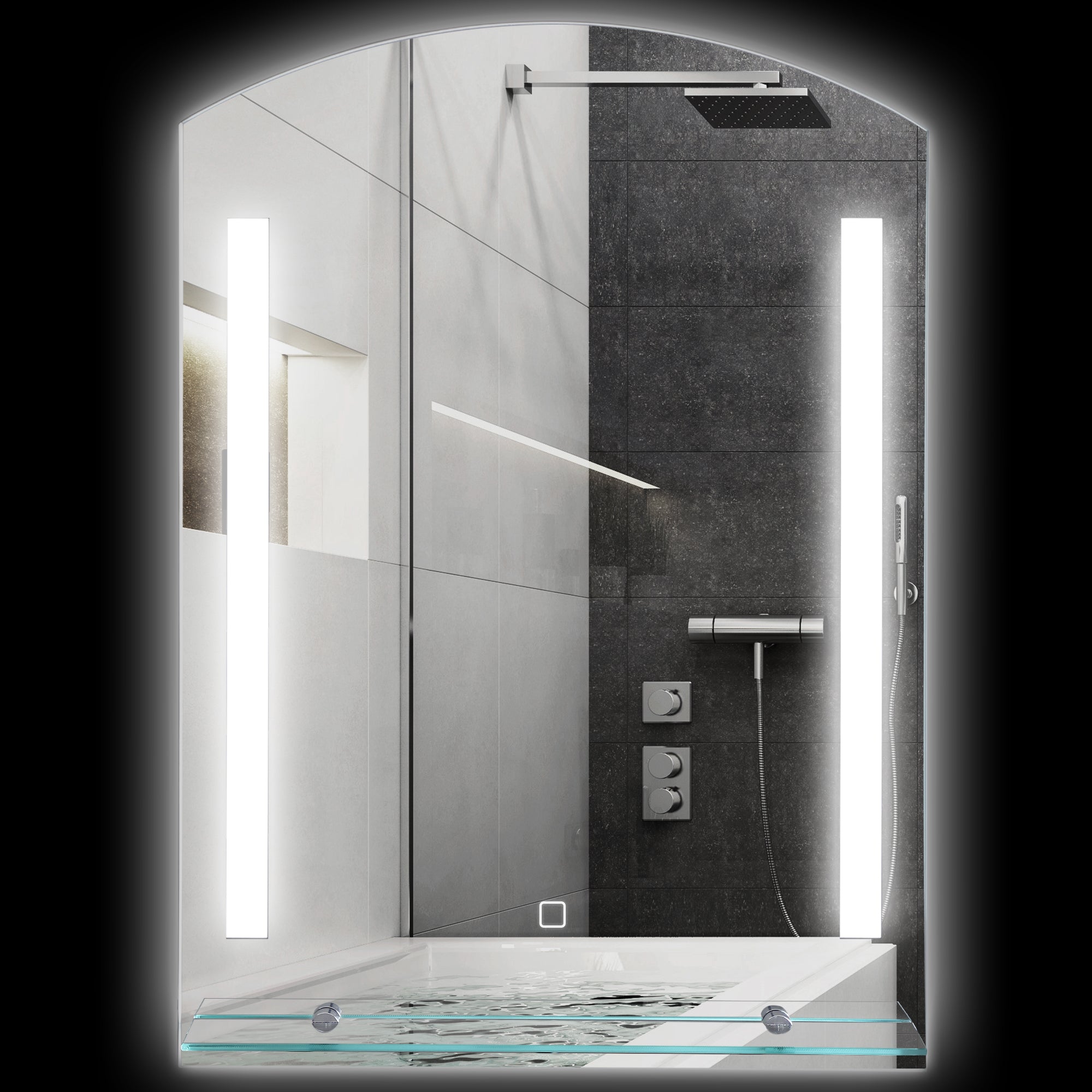 foto del prodotto specchio bagno a parete luce led a 3 colori mensola in vetro 50x12x70 cm
