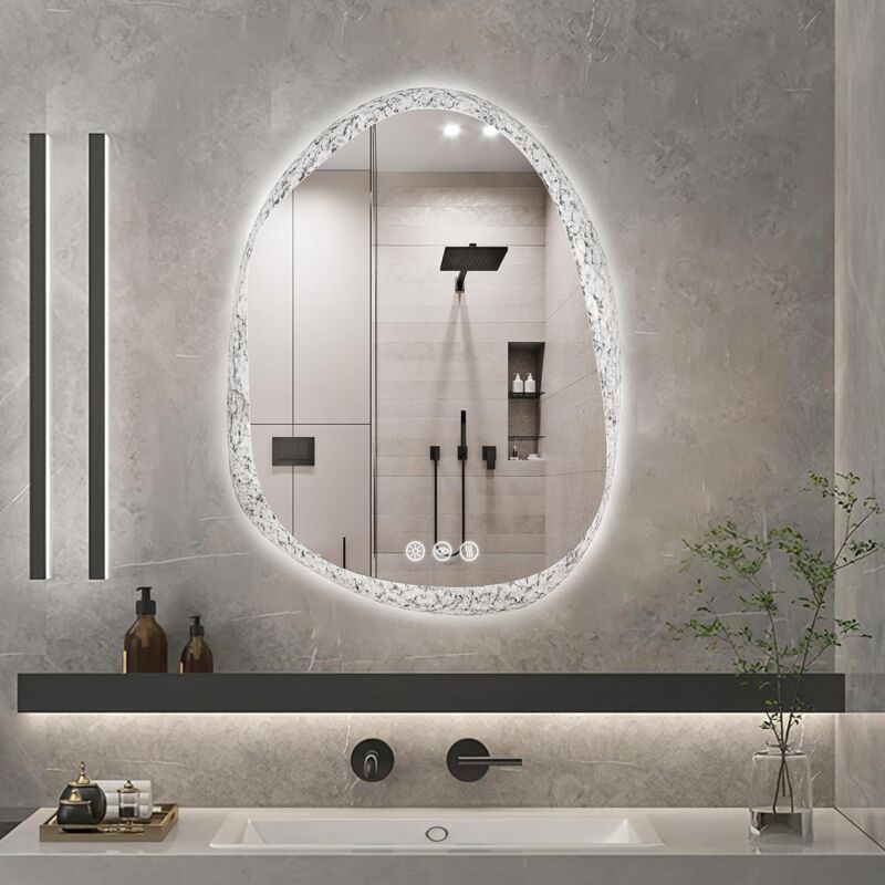 foto del prodotto specchio bagno con led luce 50x70cm irregolare specchio asimmetrico retroilluminato creativo motivo luvodi