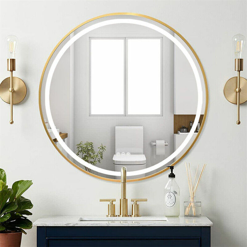 foto del prodotto specchio bagno con led luce da parete rotondo specchio bagno con cinghia interruttore touch 60cm oro cornice