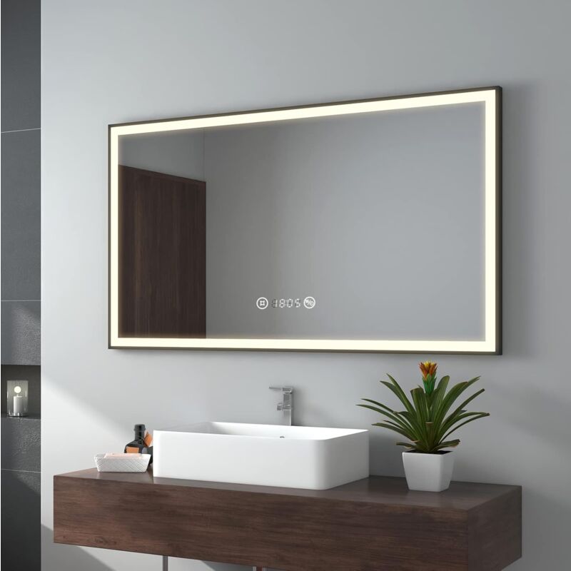 foto del prodotto specchio bagno con luce, 120 x 70 cm, luce neutra, specchio bagno led con bordo nero, specchio bagno con interruttore touch, antiappannamento,
