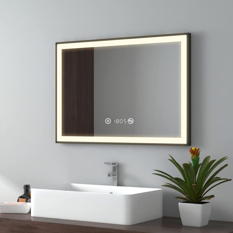 foto del prodotto specchio bagno con luce, 70 x 50 cm, luce neutra, specchio bagno led con bordo nero, specchio bagno con interruttore touch, antiappannamento,