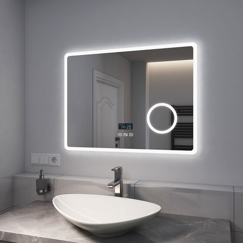 foto del prodotto specchio bagno con luce 80 x 60 cm, con interruttore tattile e bluetooth e antiappannamento e orologio e 3 volte lente d ingrandimento, luce
