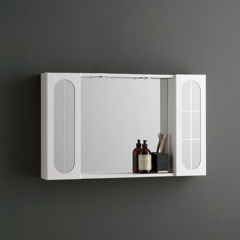 foto del prodotto specchio bagno contenitore 92cm 2 pensili con anta specchio e luce led