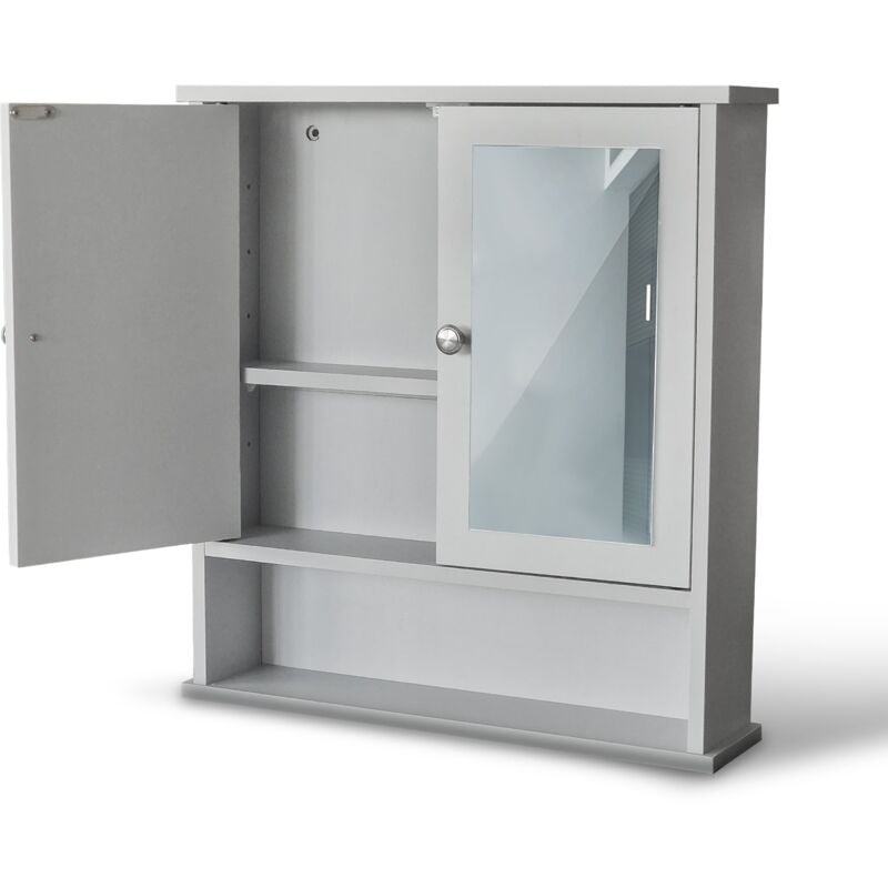 foto del prodotto specchio bagno contenitore armadietto pensile a parete in legno con ripiani regolabili e anta apribile per bagno e ingresso - alatri grigio - maka