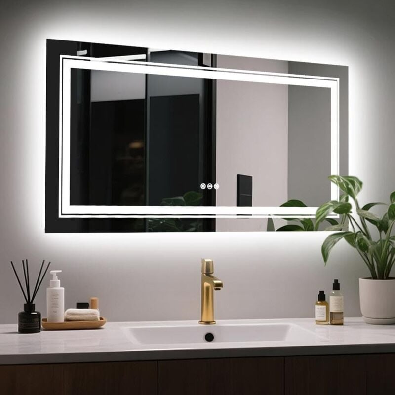 foto del prodotto specchio bagno led 100x60cm luce retroilluminato + frontale, piu luminoso, specchio smart rettangolare touch, dimmerabile 3 colori, antiappannamento