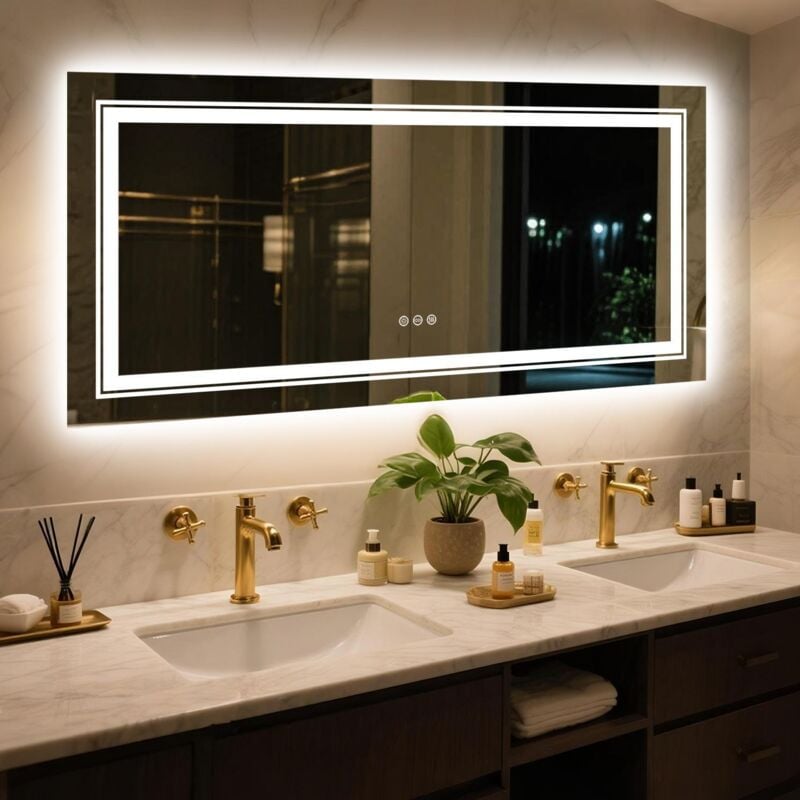 foto del prodotto specchio bagno led 140x70cm luce retroilluminato frontale, piu luminoso, specchio smart rettangolare touch, dimmerabile 3 colori, antiappannamento