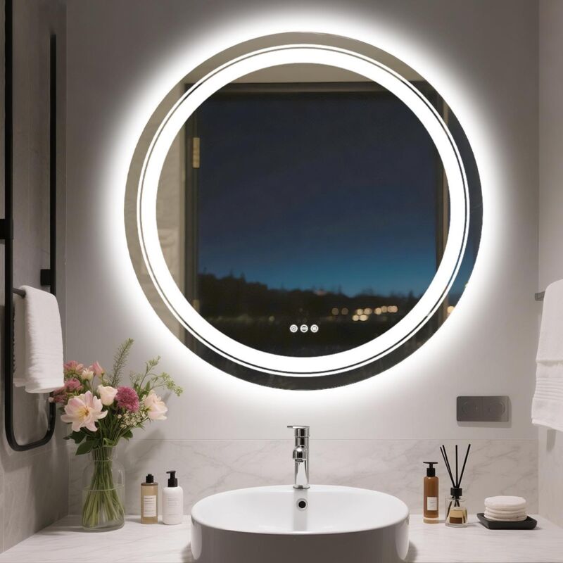 foto del prodotto specchio bagno led luce retroilluminato frontale piu luminoso, rotondo specchio smart touch 90cm, dimmerabile 3 colori, antiappannamento