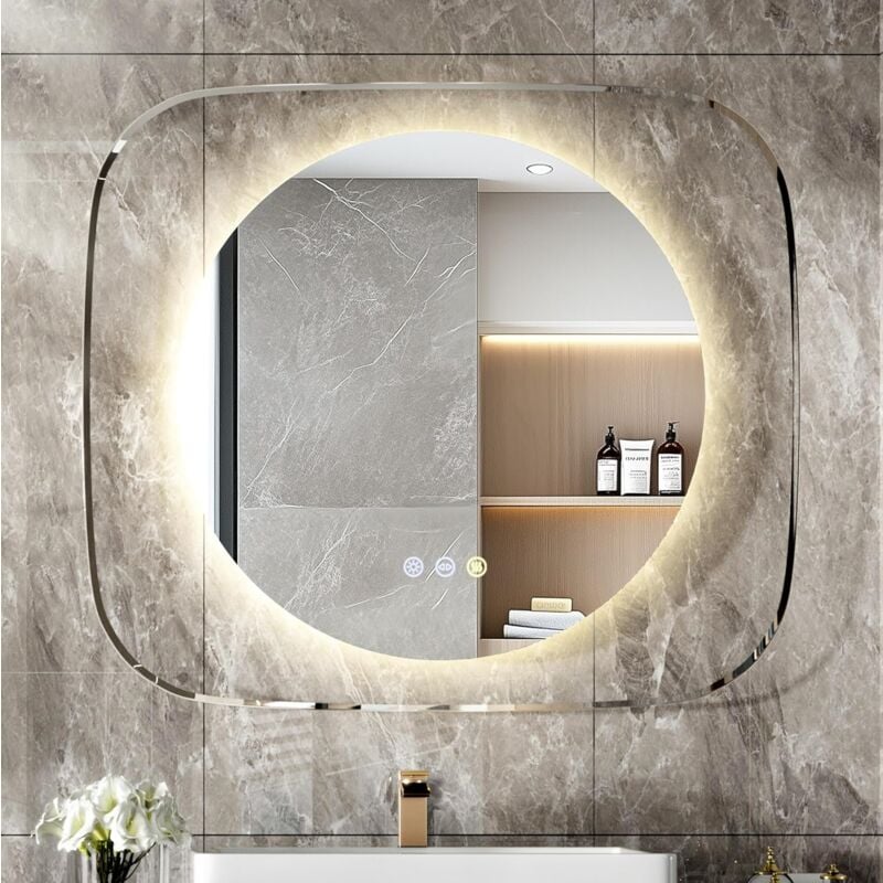 foto del prodotto specchio bagno led luce specchio retroilluminato bagno creativo rotondo 80x70 cm dimmerabile luce, antiappannamento, interruttore touch, memoria