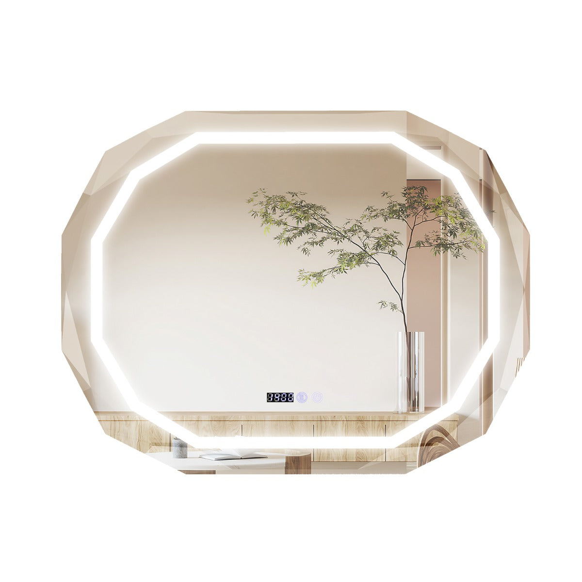 foto del prodotto specchio bagno ovale con led antiappannamento funzione memory display tempo temperatura infrangibile 20 0005043
