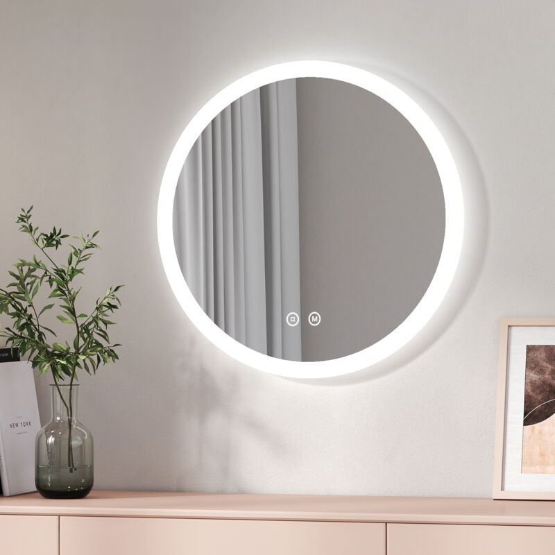 foto del prodotto specchio bagno rotondo con luce 60 cm, specchio bagno led con interruttore tattile antiappannamento, luce bianca fredda 6500k / luce calda 3000k /