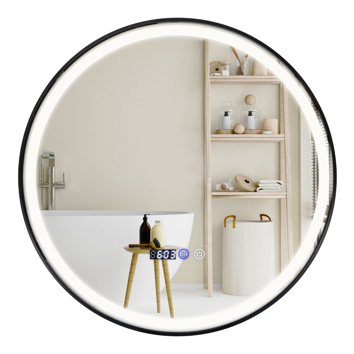 foto del prodotto specchio bagno rotondo led antiappannamento 3 colori funzione memory display tempo temperatura infrangibile diametro 60 cm 20 0005044