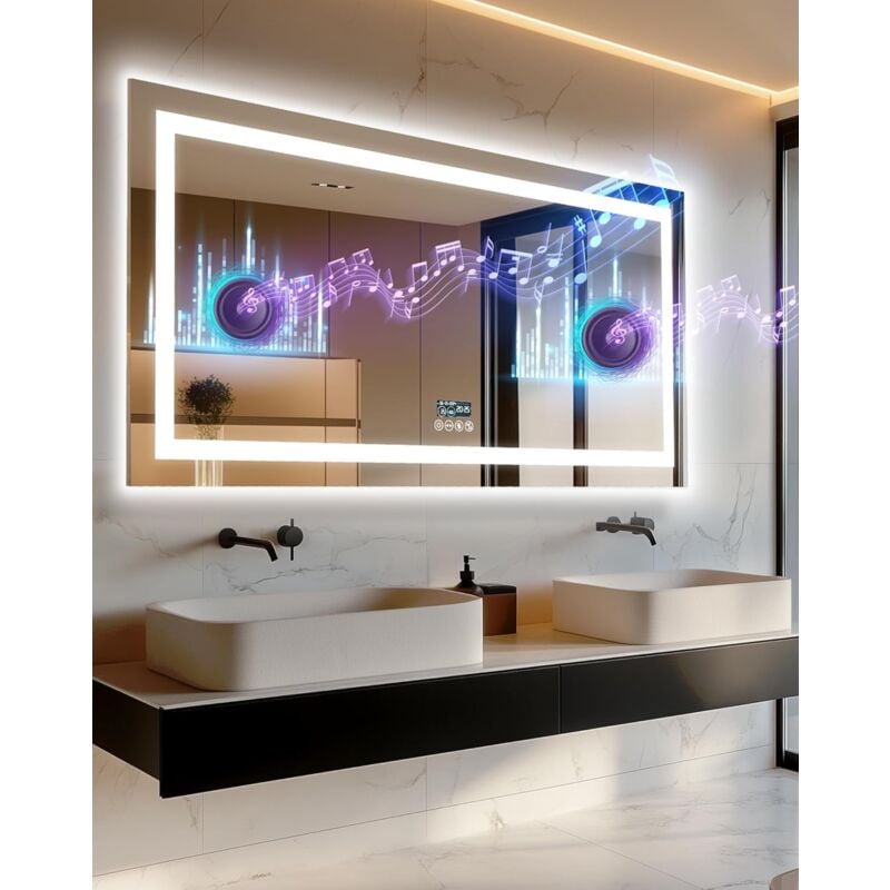 foto del prodotto specchio bluetooth da bagno con led luce musica digitale retroilluminato frontale luce 140x70cm luvodi