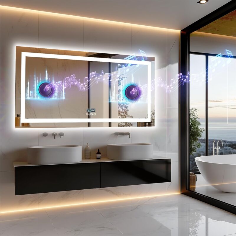 foto del prodotto specchio bluetooth da bagno con led luce musica digitale retroilluminato frontale luce 151x78cm luvodi
