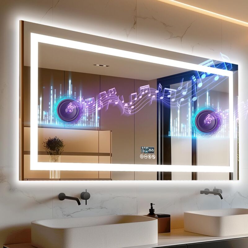 foto del prodotto specchio bluetooth da bagno con led luce musica digitale retroilluminato frontale luce 160x80cm luvodi