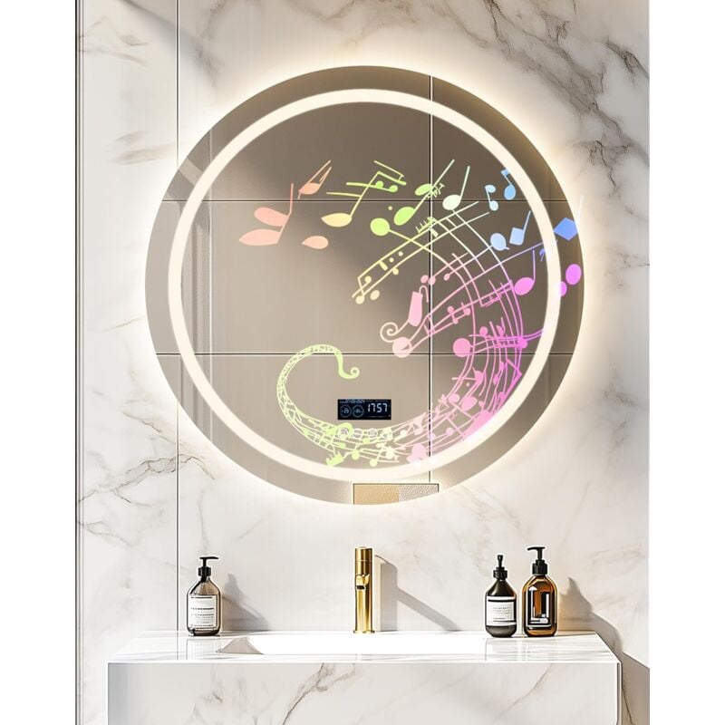 foto del prodotto specchio bluetooth da bagno con led luce musica digitale retroilluminato frontale luce rotondo 80cm luvodi