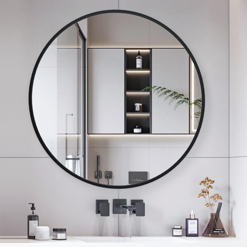 foto del prodotto specchio circolare nero da 70 cm, specchio rotondo da parete, grande specchio da bagno, specchio cosmetico a parete sopra il lavabo per soggiorno,