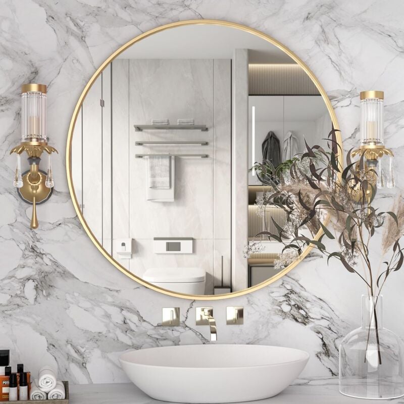 foto del prodotto specchio circolare oro, specchio da parete rotondo da 70 cm, grande specchio da bagno, specchio cosmetico a parete sopra il lavabo per soggiorno, wc,