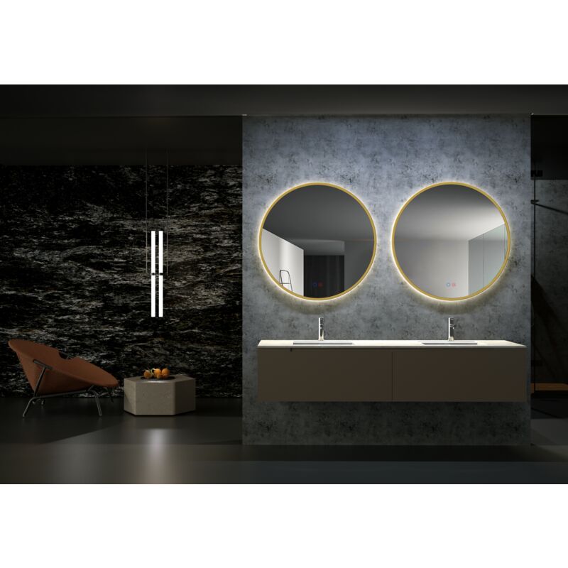 foto del prodotto specchio con luce led per bagno, spogliatoio - rotondo retroilluminato include doppio sensore on off e antiappannamento - cornice oro spazzolato 60cm