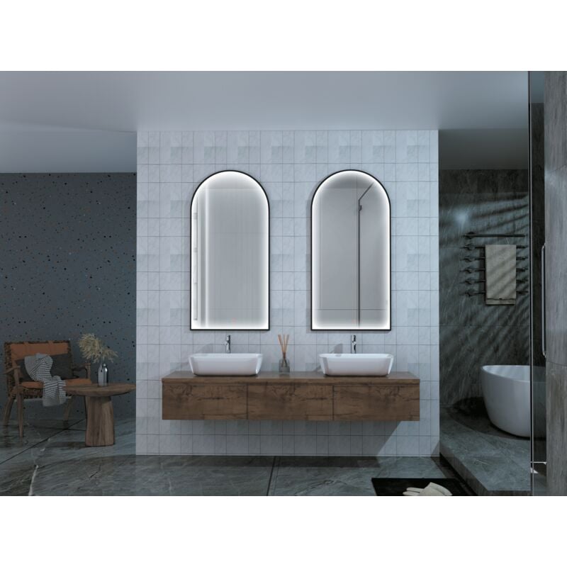 foto del prodotto specchio con luce led per cabina armadio, bagno luce perimetrale integrata su cornice in alluminio nero opaco doppio sensore, antiappannamento
