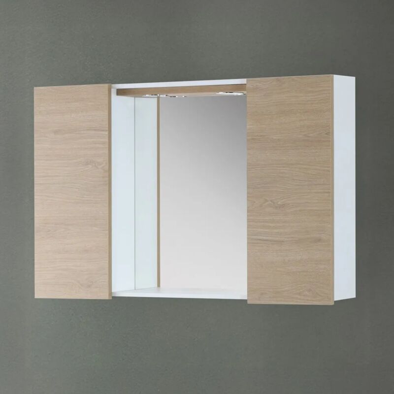 foto del prodotto specchio contenitore 91x61 cm rovere dolomite con pensili laterali e led desya