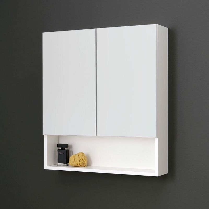 foto del prodotto specchio contenitore bianco con due ante e vano a giorno 62cm