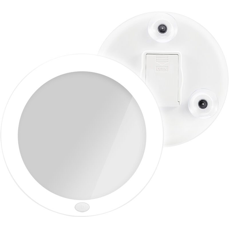 foto del prodotto specchio cosmetico con illuminazione a led con ingrandimento 5x, con ventosa, 165 mm di diametro, portatile, funzionamento a batteria emke