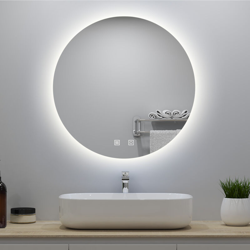 foto del prodotto specchio da bagno, 3 temperature di colore, antiappannamento, touch, infinitamente dimmerabile, diametro 80 cm, led