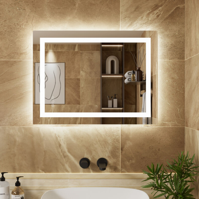 foto del prodotto specchio da bagno 80 x 60 cm con touch control, 3 colori di luce, dimmerabile, antiappannamento, impermeabile ip64