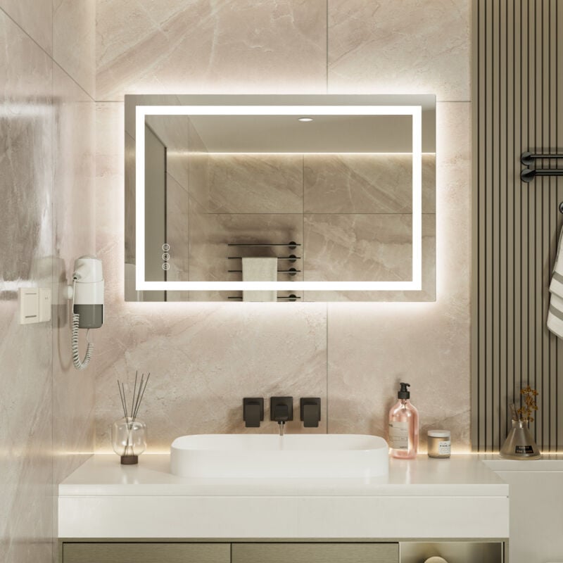 foto del prodotto specchio da bagno 90 x 60 cm con touch control, 3 colori di luce, dimmerabile, antiappannamento, impermeabile ip64