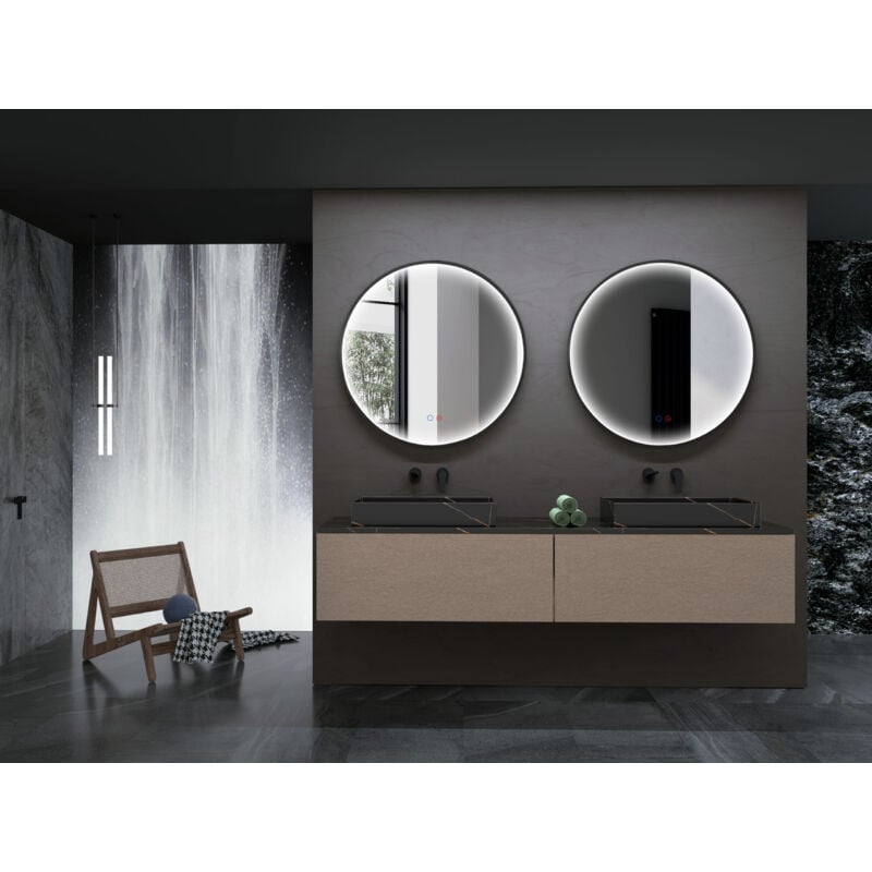 foto del prodotto specchio da bagno a led specchio rotondo con luce perimetrale integrata nella cornice in alluminio finitura nero opaco serie nepal 100cm 