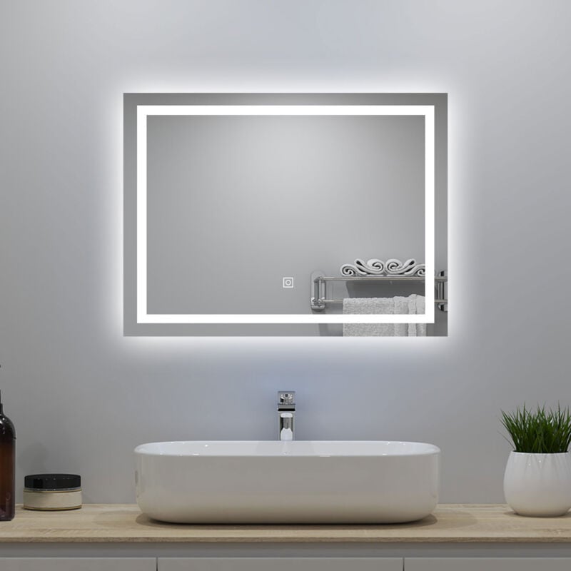 foto del prodotto specchio da bagno, antiappannamento, touch control, infinitamente dimmerabile, 80 x 60 cm, 6000k luce fredda, led