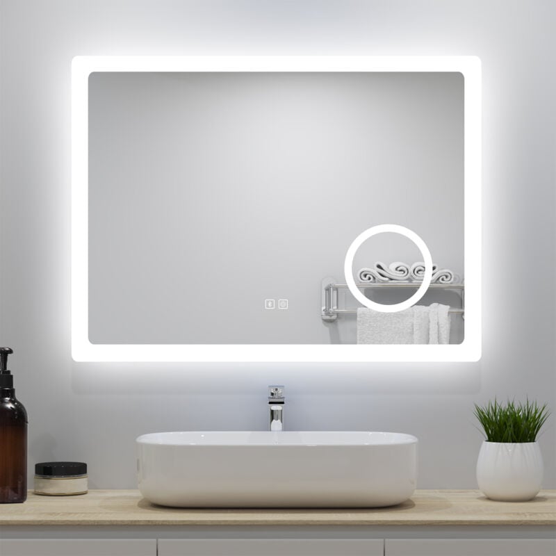 foto del prodotto specchio da bagno, bluetooth, ingrandimento 3x, disappannamento, touch, 3 temperature di colore, led
