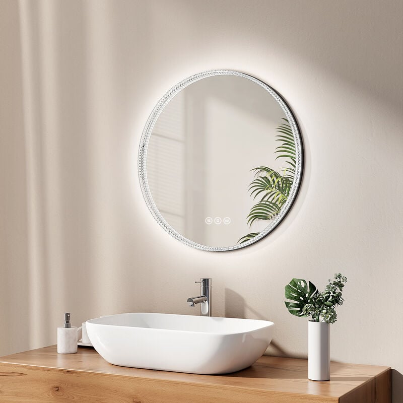 foto del prodotto specchio da bagno bordo acrilico, diametro 60 cm, interruttore touch antiappannamento dimmerabile, luce variabile dimmerabile, nero emke
