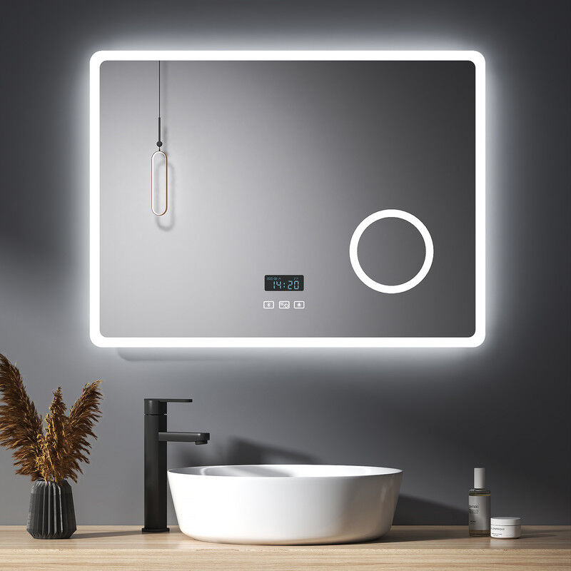 foto del prodotto specchio da bagno con illuminazione, 3 colori chiari retroilluminato specchio bagno 80 x 60 cm con antiappannamento + bluetooth + orologio +