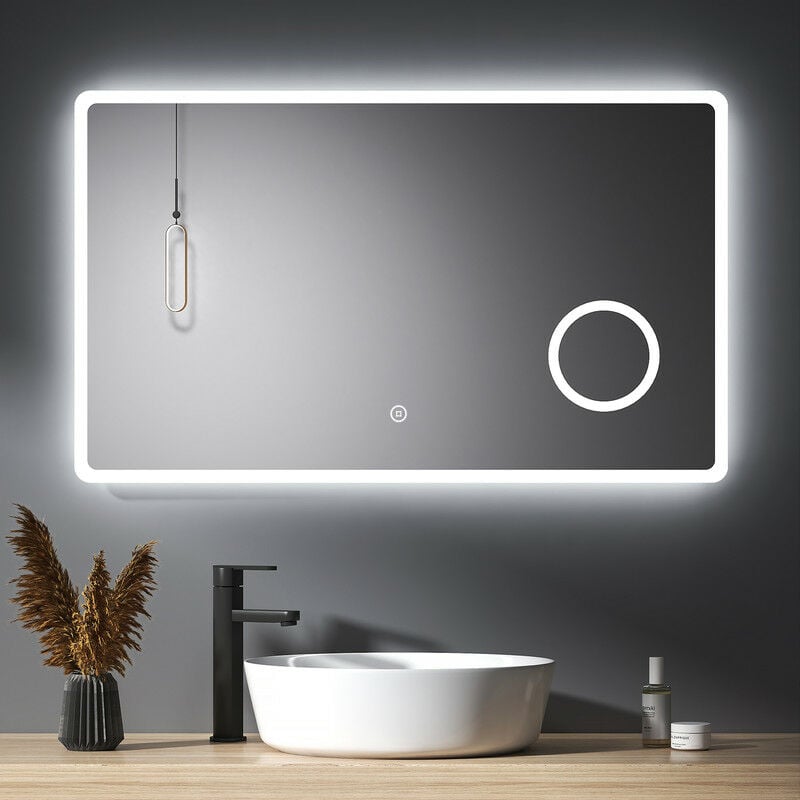 foto del prodotto specchio da bagno con illuminazione, retroilluminato specchio bagno 100 x 60 cm con ingrandimento 3x interruttore touch meykoers
