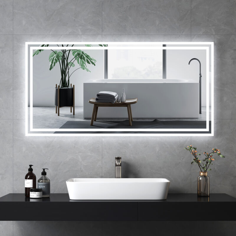 foto del prodotto specchio da bagno con interruttore a pulsante, antiappannamento, luce bianca fredda calda 120x60 cm emke