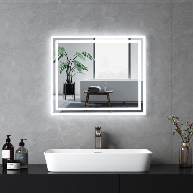 foto del prodotto specchio da bagno con interruttore a pulsante, antiappannamento, luce bianca fredda calda 60x50 cm emke
