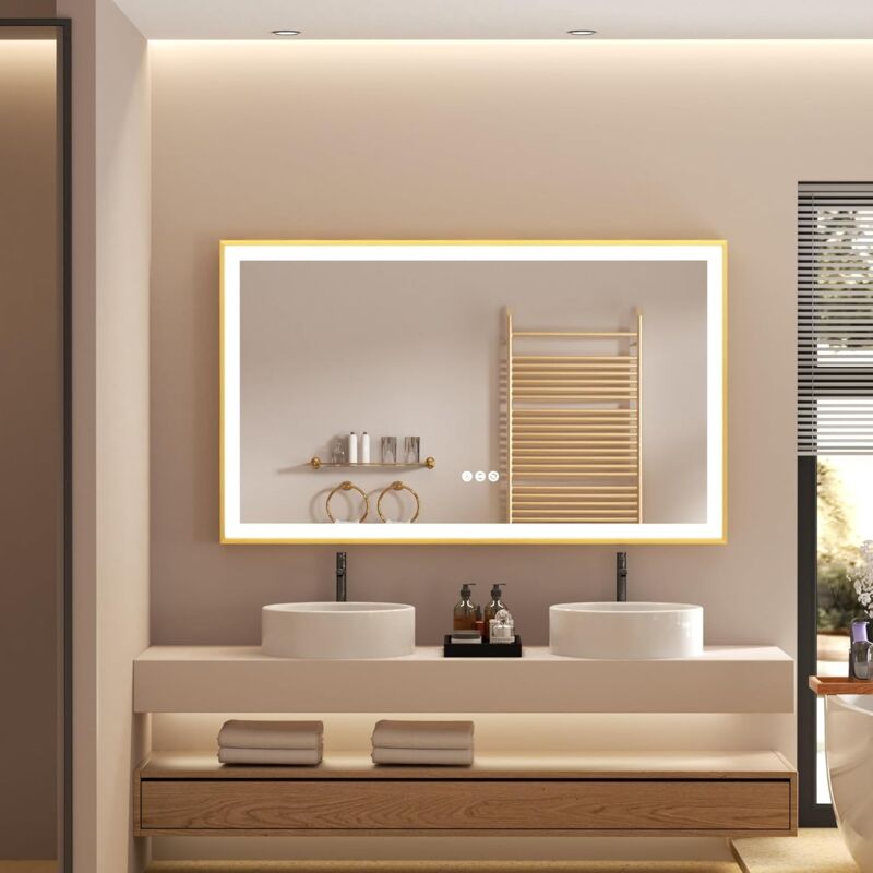 foto del prodotto specchio da bagno con led luce dorata cornice rettangolare 100x60cm