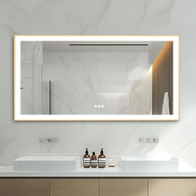 foto del prodotto specchio da bagno con led luce dorata cornice rettangolare 140x70cm luvodi
